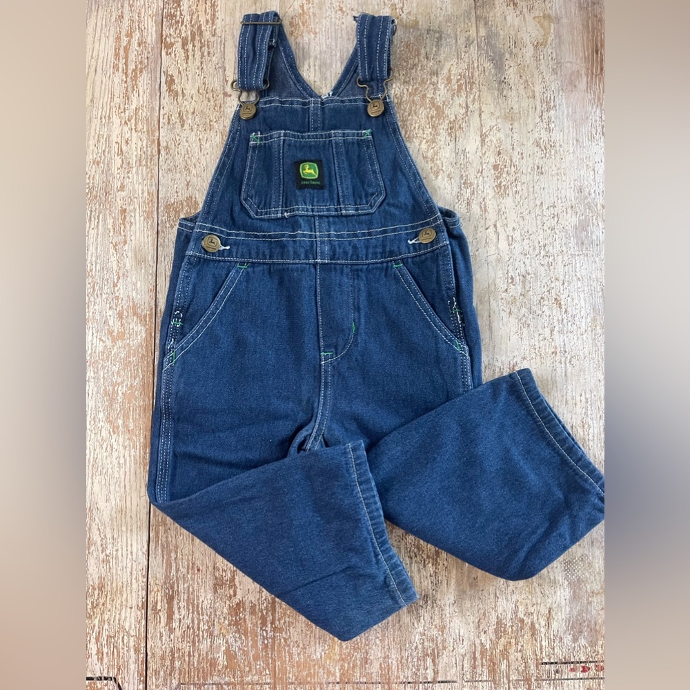 John Deere Denim Toddler Overalls Romper 2T Cotton Farm Tractor Workwear Unisex